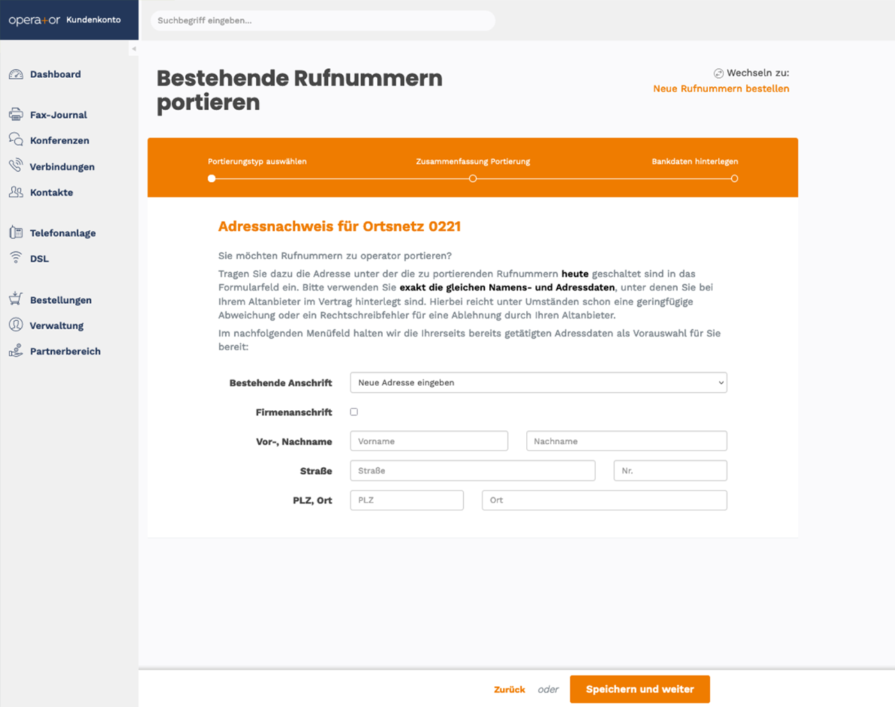 Adressnachweis für das Ortsnetz