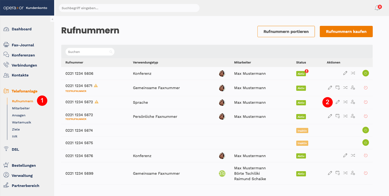 Operator Kundenkonto: Rufnummer aufrufen