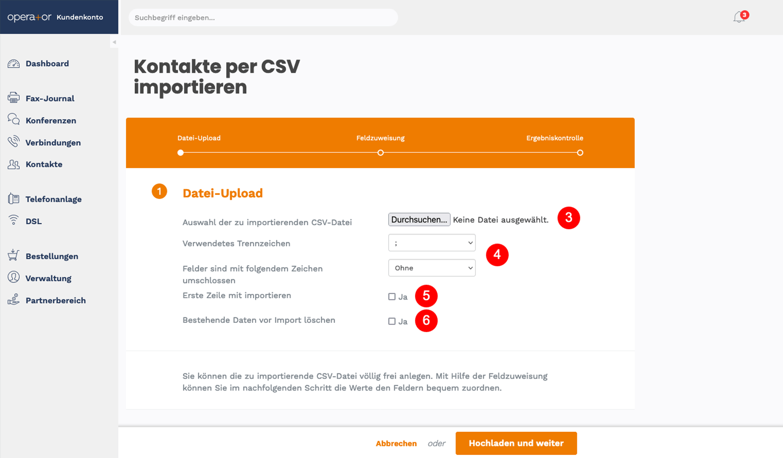 Einstellungen des CSV imports