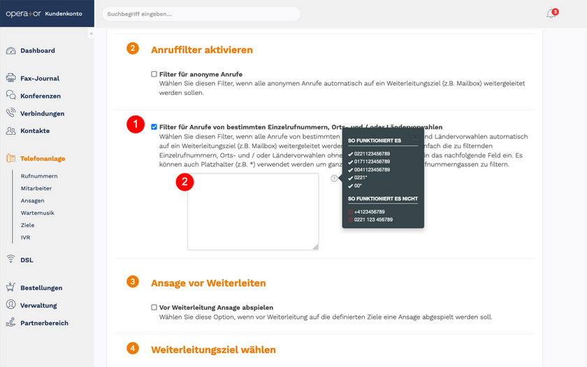 Operator Kundenkonto Individuelle Anruffilter