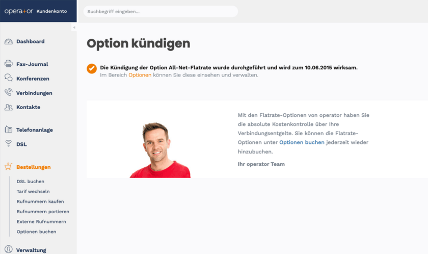 Operator Kundenkonto Optionen Kündigungsbestätigung