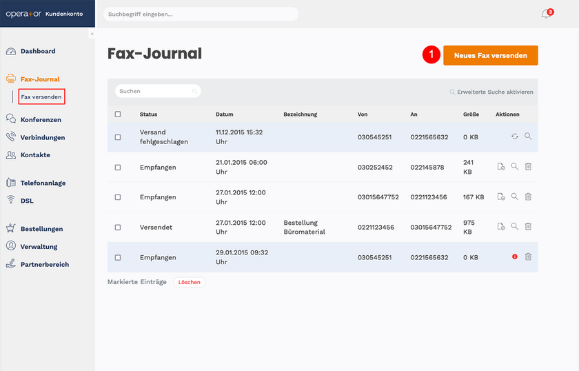 Funktionen Fax-Journal neues Fax versenden 