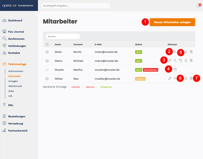 Mitarbeiter-Übersicht im Operator Kundenkonto