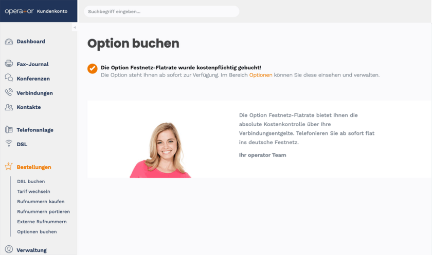 Bestätigung der Optionenbuchung im Operator-Kundenkonto