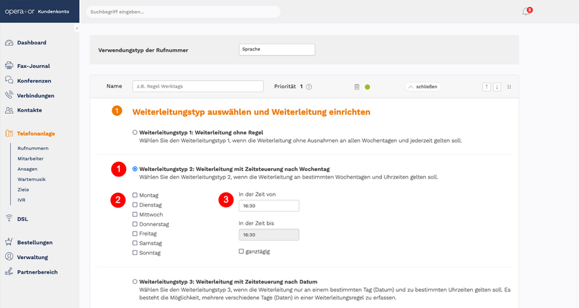 Weiterleitungstyp 2: Weiterleitung mit Zeitsteuerung nach Wochentag 