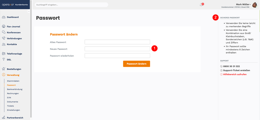 Operator Kundenkonto Passwort ändern
