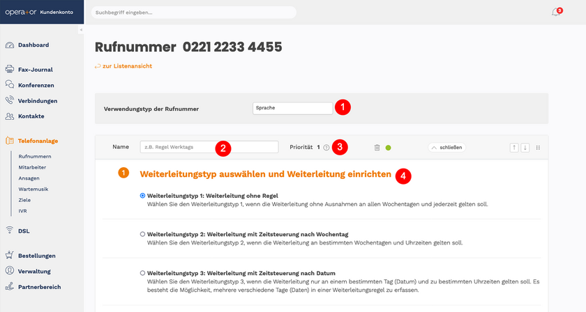 Operator Kundenkonto Weiterleitungsregeln einrichten