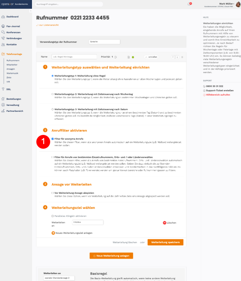 Operator Kundenkonto Anruffilter für anonyme Anrufe